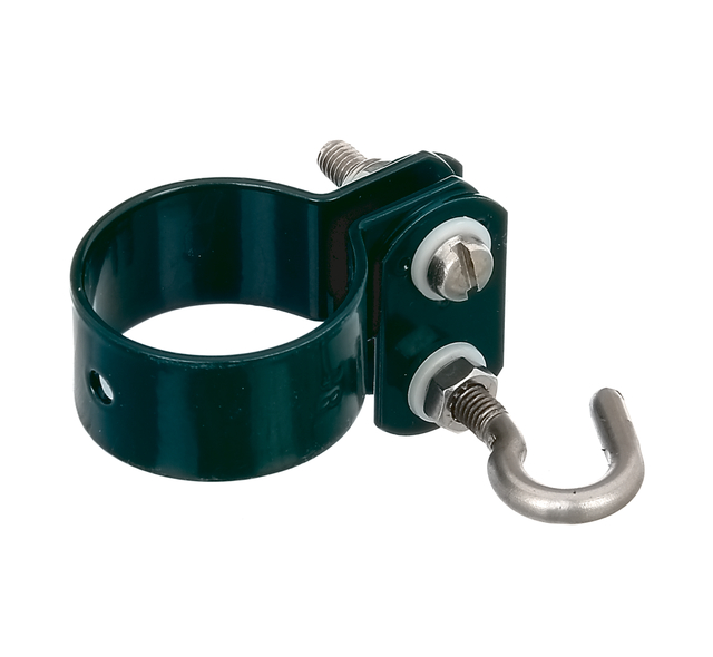 Ring clip for double-sided fixing mesh tension bars, clip bolt possible at the same height on both sides of the posts, Material: raw steel, Surface: galvanised, green powder-coated RAL 6005, Circlip dia.: 38 mm, 15-year warranty against rusting through Ring clip for double-sided fixing mesh tension bars, clip bolt possible at the same height on both sides of the posts, Material: raw steel, Surface: galvanised, green powder-coated RAL 6005, Circlip dia.: 38 mm, 15-year warranty against rusting through