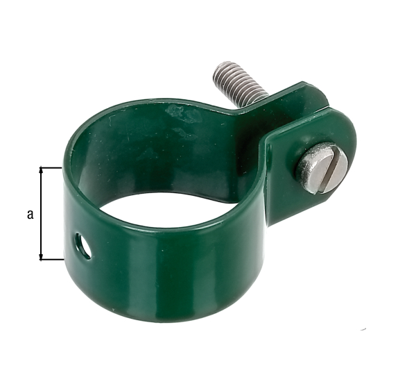 Ring clip for fixing braces to posts, Material: raw steel, Surface: galvanised, green powder-coated RAL 6005, Width: 22 mm, Circlip dia.: 34 mm, Material thickness: 1.50 mm, Screw: M6, Screw length: 30 mm, Hole: Ø7 mm, 15-year warranty against rusting through Ring clip for fixing braces to posts, Material: raw steel, Surface: galvanised, green powder-coated RAL 6005, Width: 22 mm, Circlip dia.: 34 mm, Material thickness: 1.50 mm, Screw: M6, Screw length: 30 mm, Hole: Ø7 mm, 15-year warranty against rusting through