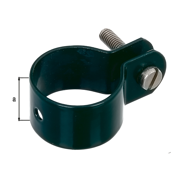 Ring clip for fixing braces to posts, Material: raw steel, Surface: galvanised, green powder-coated RAL 6005, Width: 22 mm, Circlip dia.: 34 mm, Material thickness: 1.50 mm, Screw: M6, Screw length: 30 mm, Hole: Ø7 mm, 15-year warranty against rusting through Ring clip for fixing braces to posts, Material: raw steel, Surface: galvanised, green powder-coated RAL 6005, Width: 22 mm, Circlip dia.: 34 mm, Material thickness: 1.50 mm, Screw: M6, Screw length: 30 mm, Hole: Ø7 mm, 15-year warranty against rusting through