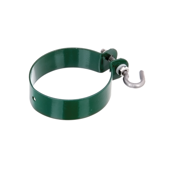 Obejma do mocowania napinacza siatki ogrodzeniowej przy słupkach, materiał: stal surowa, powierzchnia: ocynkowana, zielona powłoka z tworzywa sztucznego RAL 6005, Średnica obejmy: 76 mm, 15 lat gwarancji na przerdzewienie Obejma do mocowania napinacza siatki ogrodzeniowej przy słupkach, materiał: stal surowa, powierzchnia: ocynkowana, zielona powłoka z tworzywa sztucznego RAL 6005, Średnica obejmy: 76 mm, 15 lat gwarancji na przerdzewienie