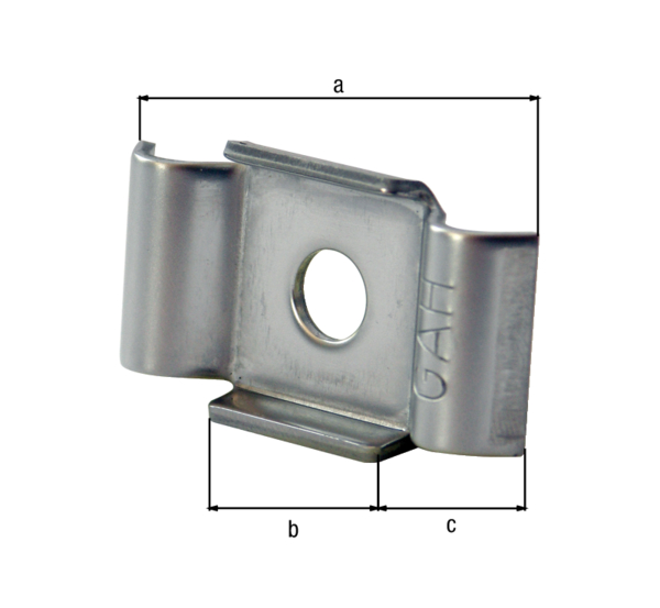 Clamping plate for fence posts, for stale fixing double bar grating panels to fence posts, Material: stainless steel, Length: 50 mm, Width: 29 mm, Depth: 8 mm, For posts: 40 mm Clamping plate for fence posts, for stale fixing double bar grating panels to fence posts, Material: stainless steel, Length: 50 mm, Width: 29 mm, Depth: 8 mm, For posts: 40 mm