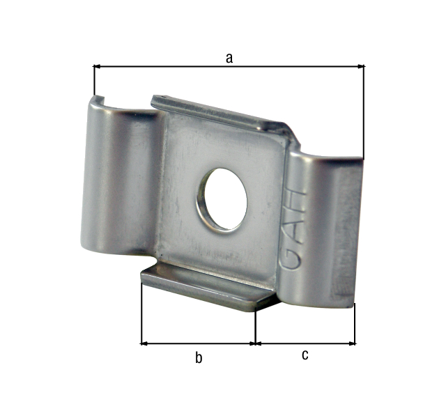 Clamping plate for fence posts, for stale fixing double bar grating panels to fence posts, Material: stainless steel, Length: 50 mm, Width: 29 mm, Depth: 8 mm, For posts: 40 mm Clamping plate for fence posts, for stale fixing double bar grating panels to fence posts, Material: stainless steel, Length: 50 mm, Width: 29 mm, Depth: 8 mm, For posts: 40 mm