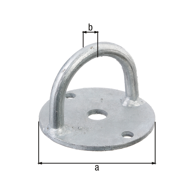 Fixing clamp, Material: raw steel, Surface: hot-dip galvanised, for screwing on, Screw-on plate dia.: 100 mm, eye: 12 mm, Hole: Ø8.5 mm, 15-year warranty against rusting through Fixing clamp, Material: raw steel, Surface: hot-dip galvanised, for screwing on, Screw-on plate dia.: 100 mm, eye: 12 mm, Hole: Ø8.5 mm, 15-year warranty against rusting through
