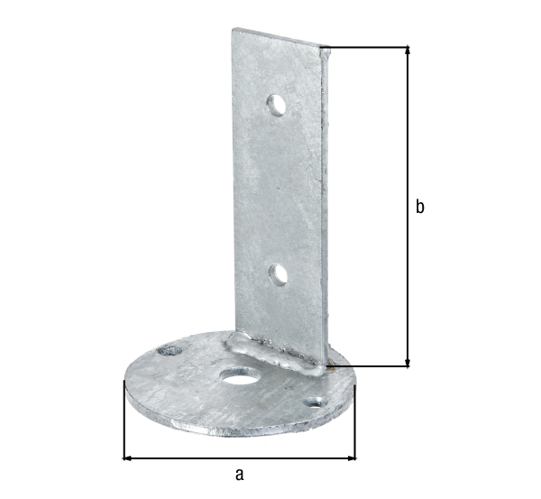 Fixing bracket, Material: raw steel, Surface: hot-dip galvanised, for screwing on, Screw-on plate dia.: 100 mm, Total height: 150 mm, Hole: Ø8.5 mm, 15-year warranty against rusting through Fixing bracket, Material: raw steel, Surface: hot-dip galvanised, for screwing on, Screw-on plate dia.: 100 mm, Total height: 150 mm, Hole: Ø8.5 mm, 15-year warranty against rusting through