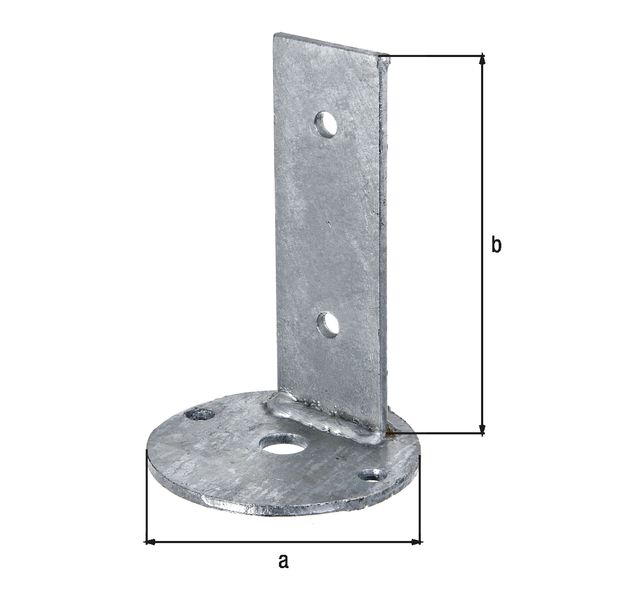 Fixing bracket, Material: raw steel, Surface: hot-dip galvanised, for screwing on, Screw-on plate dia.: 100 mm, Total height: 150 mm, Hole: Ø8.5 mm, 15-year warranty against rusting through Fixing bracket, Material: raw steel, Surface: hot-dip galvanised, for screwing on, Screw-on plate dia.: 100 mm, Total height: 150 mm, Hole: Ø8.5 mm, 15-year warranty against rusting through