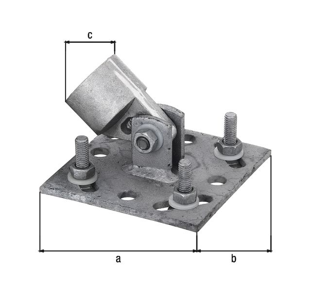 Brace plate, Material: raw steel, Surface: hot-dip galvanised, for screwing on, Plate length: 100 mm, Plate width: 100 mm, Inner dia.: 34 mm, Hole: Ø9 mm, 15-year warranty against rusting through Brace plate, Material: raw steel, Surface: hot-dip galvanised, for screwing on, Plate length: 100 mm, Plate width: 100 mm, Inner dia.: 34 mm, Hole: Ø9 mm, 15-year warranty against rusting through