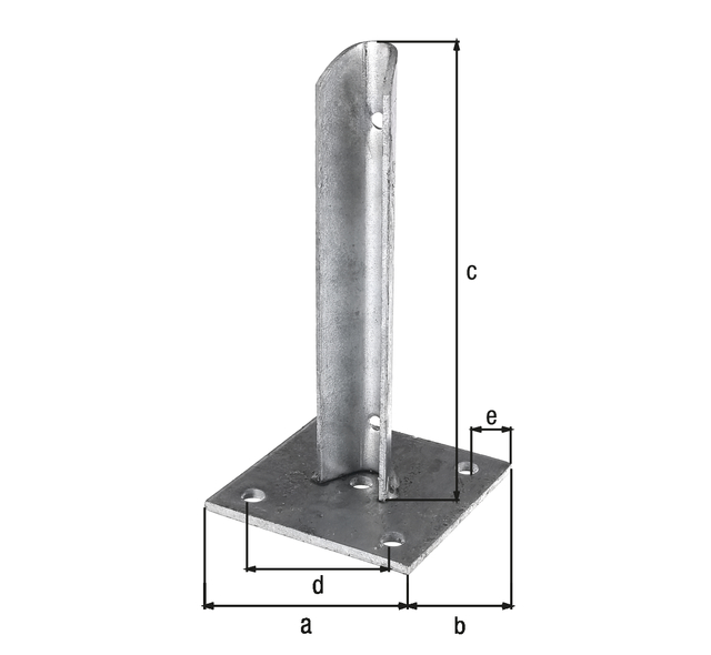 Pfostenträger für Zaunpfosten, Material: Stahl roh, Oberfläche: feuerverzinkt, zum Aufschrauben, Plattenlänge: 100 mm, Plattenbreite: 100 mm, Höhe Adapter: 200 mm, Abstand Mitte - Mitte Loch: 70 mm, Abstand Mitte Loch - Ende Platte: 15 mm, Plattenstärke: 5 mm, für Pfosten-Ø: 34 mm, Loch: Ø11 mm, 15 Jahre Garantie gegen Durchrosten