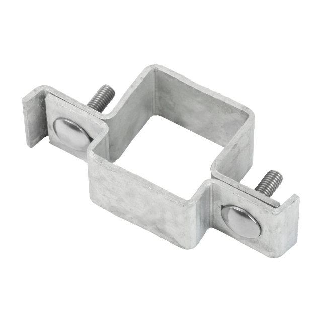 Middle clip for square posts, Material: raw steel, Surface: hot-dip galvanised, Type: two parts, For posts: 40 x 40 mm, Screw: M8, Screw length: 30 mm, 15-year warranty against rusting through