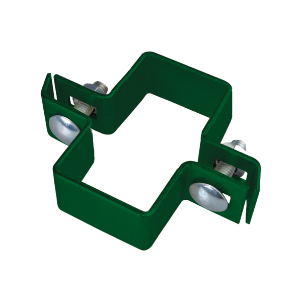Obejma środkowa do słupka czworokątnego, materiał: stal surowa, powierzchnia: ocynkowana, zielona powłoka z tworzywa sztucznego RAL 6005, Wersja: dwuczęściowa, do słupka: 80 x 40 mm, Śruba: M8, Długość śruby: 30 mm, 15 lat gwarancji na przerdzewienie