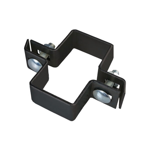 Mittelschelle für Vierkantpfosten, Material: Stahl roh, Oberfläche: verzinkt, anthrazit kunststoffbeschichtet RAL 7016, Ausführung: zweiteilig, für Pfosten: 80 x 40 mm, Schraube: M8, Schraubenlänge: 30 mm, 15 Jahre Garantie gegen Durchrosten