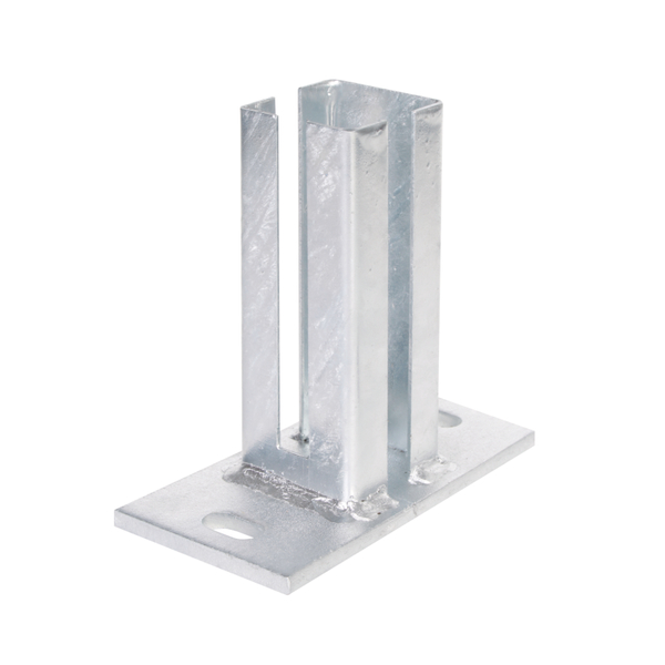 Pfostenträger für Eckpfosten für Doppelstab-Gittermatten, Material: Stahl roh, Oberfläche: feuerverzinkt, zum Aufschrauben, Platte: 150 x 80 mm, für Pfosten: 60 x 60 mm, Aufnahme: 55 mm, Aufnahme: 55 mm, Anzahl Löcher: 2, Loch: 24,5 x 12,5 mm, 15 Jahre Garantie gegen Durchrosten Pfostenträger für Eckpfosten für Doppelstab-Gittermatten, Material: Stahl roh, Oberfläche: feuerverzinkt, zum Aufschrauben, Platte: 150 x 80 mm, für Pfosten: 60 x 60 mm, Aufnahme: 55 mm, Aufnahme: 55 mm, Anzahl Löcher: 2, Loch: 24,5 x 12,5 mm, 15 Jahre Garantie gegen Durchrosten