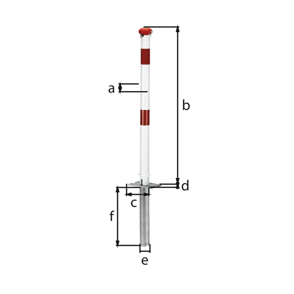 Absperrpfosten Grünenthal, umlegbar, Material: Stahl roh, Oberfläche: feuerverzinkt, weiß kunststoffbeschichtet mit zwei roten, reflektierenden Ringen, zum Einbetonieren, gleichschließendes Profilzylinderschloss mit drei Schlüsseln, Pfosten-Ø: 60 mm, Höhe über Boden: 1000 mm, Plattenlänge: 160 mm, Plattenbreite: 100 mm, Bodenhülsen-Ø: 60 mm, Länge Bodenhülse: 400 mm, Anzahl Löcher: 4, Loch: Ø9 mm