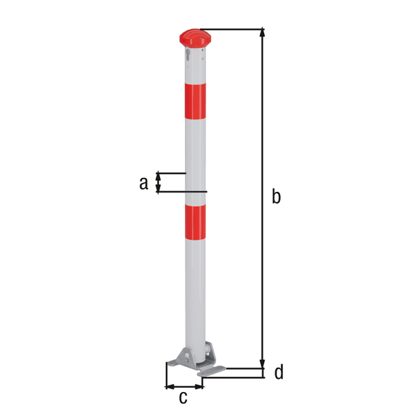 Bollard Grünenthal, foldable, Material: raw steel, Surface: hot-dip galvanised, white powder-coated with two red, reflecting rings, for screwing on, master keyed profile cylinder lock with three keys, Post dia.: 60 mm, Height above ground: 1000 mm, Plate length: 160 mm, Plate width: 100 mm, No. of holes: 4, Hole: Ø9 mm