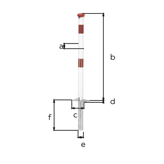 Bollard Grünenthal, foldable, Material: raw steel, Surface: hot-dip galvanised, white powder-coated with two red, reflecting rings, for setting in concrete, master-keyed profile cylinder lock with three keys, Post dia.: 60 mm, Height above ground: 1000 mm, Plate length: 160 mm, Plate width: 100 mm, Ground sleeve dia.: 60 mm, Length of ground sleeve: 400 mm, No. of holes: 4, Hole: Ø9 mm
