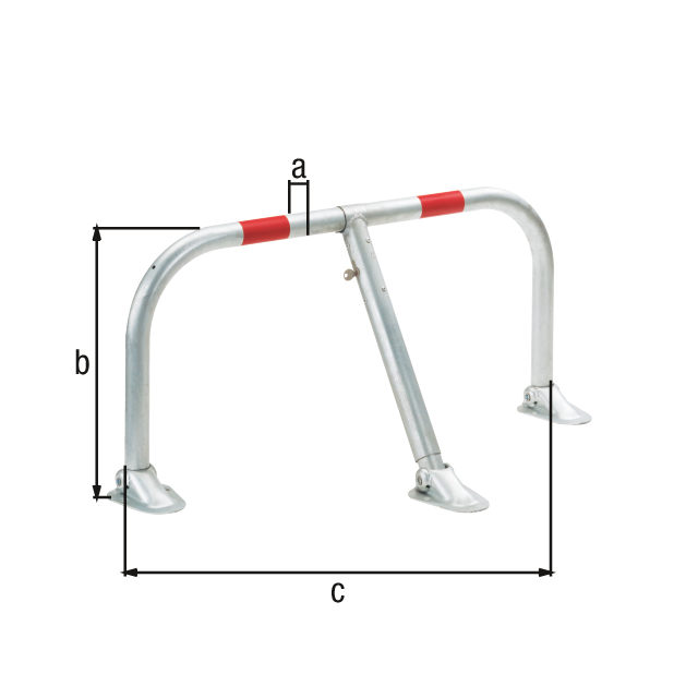 Parking hoop Spielberg, foldable, Material: raw steel, Surface: hot-dip galvanised with two red, reflecting rings, for screwing on, eye-Ø: 45 mm, Height above ground: 450 mm, Width: 950 mm, No. of holes: 6, Hole: Ø15 mm Parking hoop Spielberg, foldable, Material: raw steel, Surface: hot-dip galvanised with two red, reflecting rings, for screwing on, eye-Ø: 45 mm, Height above ground: 450 mm, Width: 950 mm, No. of holes: 6, Hole: Ø15 mm