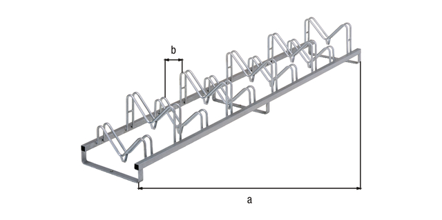 Multiple bicycle stand Kiel, free-standing, Material: raw steel, Surface: hot-dip galvanised passivated, frame with drilled holes for screwing on, Length: 3000 mm, Distance centre - centre of bracket: 300 mm, Frame thickness: 40 x 40 mm, No. of holes: 3, Hole: Ø11 mm Multiple bicycle stand Kiel, free-standing, Material: raw steel, Surface: hot-dip galvanised passivated, frame with drilled holes for screwing on, Length: 3000 mm, Distance centre - centre of bracket: 300 mm, Frame thickness: 40 x 40 mm, No. of holes: 3, Hole: Ø11 mm