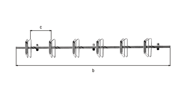 Fahrradständer Hagen, Reihenanlage, Material: Stahl roh, Oberfläche: feuerverzinkt passiviert, Wandelement ohne Pfosten zum Anschrauben, Gesamtlänge mit Pfosten: Gesamtlänge ohne Pfosten: 2990 mm, Abstand Mitte - Mitte Halter: 500 mm, Rahmenstärke: 40 x 40 mm, Loch: Ø10 mm