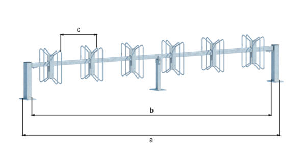 Fahrradständer Hagen, Reihenanlage, Material: Stahl roh, Oberfläche: feuerverzinkt passiviert, Grundelement mit Pfosten, Haltebügel doppelseitig, zum Aufschrauben, Gesamtlänge mit Pfosten: 3120 mm, Gesamtlänge ohne Pfosten: 3000 mm, Abstand Mitte - Mitte Halter: 500 mm, Rahmenstärke: 40 x 40 mm, Loch: Ø10 mm
