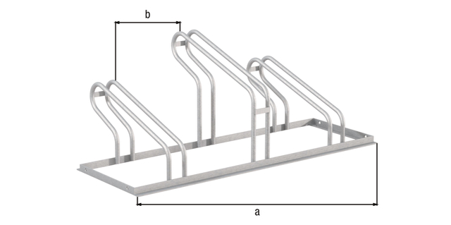 Fahrradständer City, freistehend, Material: Stahl roh, Oberfläche: feuerverzinkt passiviert, Haltebügel einseitig, Länge: 1050 mm, Abstand Mitte - Mitte Halter: 350 mm, Gesamtbreite: 489 mm, Gesamthöhe: 412 mm, Rahmenstärke: 25 x 25 mm