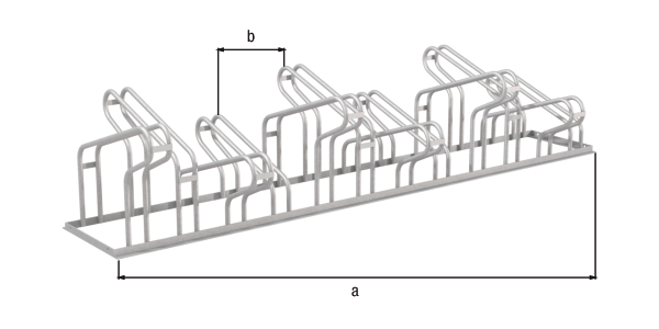 Fahrradständer City, freistehend, Material: Stahl roh, Oberfläche: feuerverzinkt passiviert, Haltebügel doppelseitig, Länge: 2100 mm, Abstand Mitte - Mitte Halter: 350 mm, Gesamtbreite: 489 mm, Gesamthöhe: 412 mm, Rahmenstärke: 25 x 25 mm