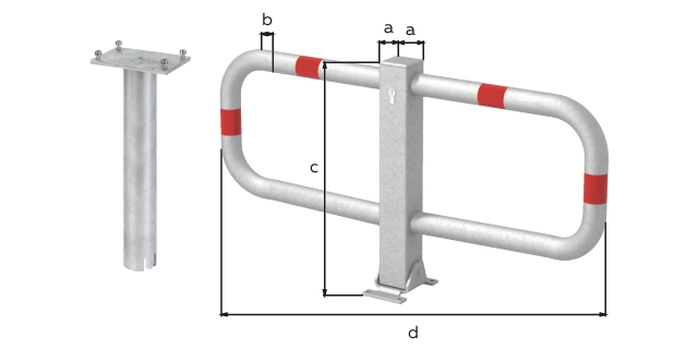 Parking hoop Stoppy I, foldable, Material: raw steel, Surface: hot-dip galvanised passivated with four red, reflecting rings, for setting in concrete, master keyed profile cylinder lock with three keys, Post: 70 x 70 mm, eye-Ø: 48 mm, Height above ground: 450 mm, Width: 950 mm, No. of holes: 4, Hole: Ø9 mm