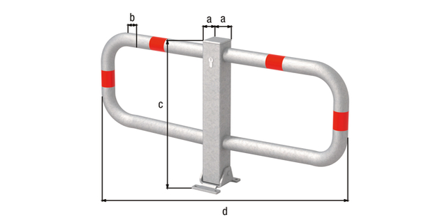 Parkplatzbügel Stoppy I, umlegbar, Material: Stahl roh, Oberfläche: feuerverzinkt passiviert mit vier roten, reflektierenden Ringen, zum Aufschrauben, gleichschließendes Profilzylinderschloss mit drei Schlüsseln, Pfosten: 70 x 70 mm, Bügel-Ø: 48 mm, Höhe über Boden: 450 mm, Breite: 950 mm, Anzahl Löcher: 4, Loch: Ø9 mm Parkplatzbügel Stoppy I, umlegbar, Material: Stahl roh, Oberfläche: feuerverzinkt passiviert mit vier roten, reflektierenden Ringen, zum Aufschrauben, gleichschließendes Profilzylinderschloss mit drei Schlüsseln, Pfosten: 70 x 70 mm, Bügel-Ø: 48 mm, Höhe über Boden: 450 mm, Breite: 950 mm, Anzahl Löcher: 4, Loch: Ø9 mm