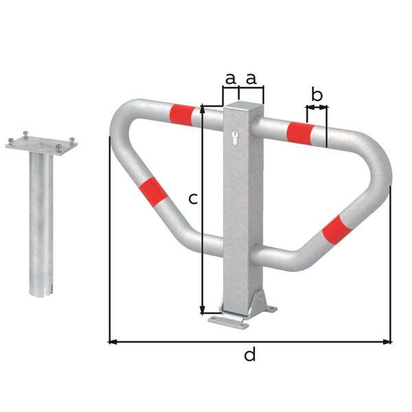 Parking hoop Stoppy II, foldable, Material: raw steel, Surface: hot-dip galvanised passivated with four red, reflecting rings, for setting in concrete, master keyed profile cylinder lock with three keys, Post: 70 x 70 mm, eye-Ø: 48 mm, Height above ground: 450 mm, Width: 750 mm, No. of holes: 4, Hole: Ø9 mm