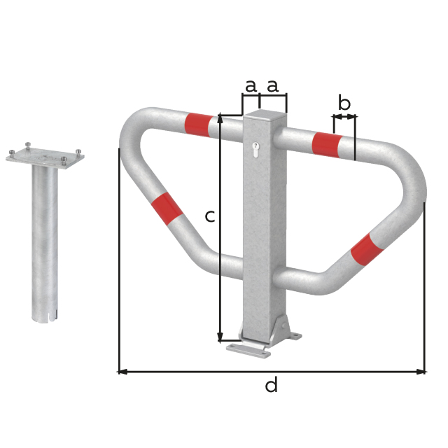Parkplatzbügel Stoppy II, umlegbar, Material: Stahl roh, Oberfläche: feuerverzinkt passiviert mit vier roten, reflektierenden Ringen, zum Einbetonieren, gleichschließendes Profilzylinderschloss mit drei Schlüsseln, Pfosten: 70 x 70 mm, Bügel-Ø: 48 mm, Höhe über Boden: 450 mm, Breite: 750 mm, Anzahl Löcher: 4, Loch: Ø9 mm Parkplatzbügel Stoppy II, umlegbar, Material: Stahl roh, Oberfläche: feuerverzinkt passiviert mit vier roten, reflektierenden Ringen, zum Einbetonieren, gleichschließendes Profilzylinderschloss mit drei Schlüsseln, Pfosten: 70 x 70 mm, Bügel-Ø: 48 mm, Höhe über Boden: 450 mm, Breite: 750 mm, Anzahl Löcher: 4, Loch: Ø9 mm