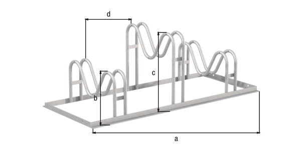 Fahrradständer Ville, freistehend, Material: Stahl roh, Oberfläche: feuerverzinkt passiviert, Haltebügel einseitig, Länge: 1050 mm, Höhe Halter: 200 mm, Höhe Halter: 340 mm, Abstand Mitte - Mitte Halter: 350 mm, Gesamtbreite: 446 mm, Gesamthöhe: 370 mm, Rahmenstärke: 25 x 25 mm