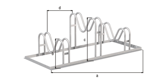 Fahrradständer Ville, freistehend, Material: Stahl roh, Oberfläche: feuerverzinkt passiviert, Haltebügel einseitig, Länge: 1050 mm, Höhe Halter: 200 mm, Höhe Halter: 340 mm, Abstand Mitte - Mitte Halter: 350 mm, Gesamtbreite: 446 mm, Gesamthöhe: 370 mm, Rahmenstärke: 25 x 25 mm