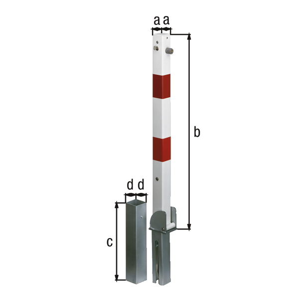 Bollard Der Clou, removable and foldable, Material: raw steel, Surface: hot-dip galvanised, white powder-coated, for setting in concrete, Post: 70 x 70 mm, Height above ground: 1000 mm, Length of ground sleeve: 400 mm, Ground sleeve: 80 x 80 mm