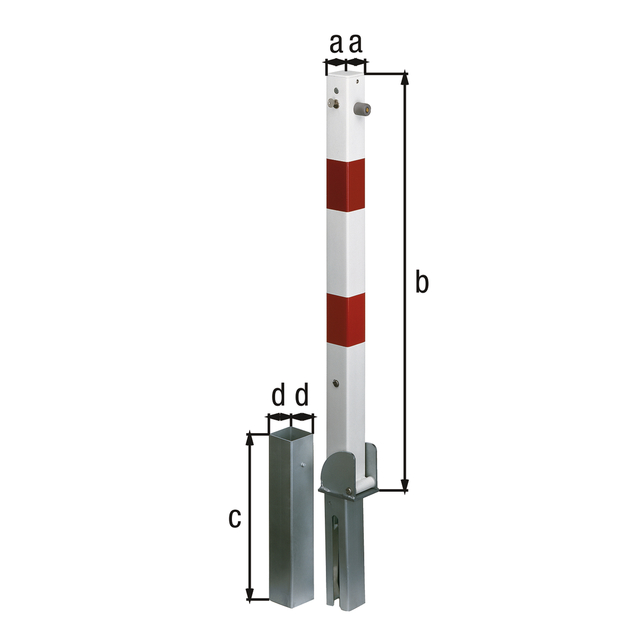 Bollard Der Clou, removable and foldable, Material: raw steel, Surface: hot-dip galvanised, white powder-coated, for setting in concrete, Post: 70 x 70 mm, Height above ground: 1000 mm, Length of ground sleeve: 400 mm, Ground sleeve: 80 x 80 mm Bollard Der Clou, removable and foldable, Material: raw steel, Surface: hot-dip galvanised, white powder-coated, for setting in concrete, Post: 70 x 70 mm, Height above ground: 1000 mm, Length of ground sleeve: 400 mm, Ground sleeve: 80 x 80 mm