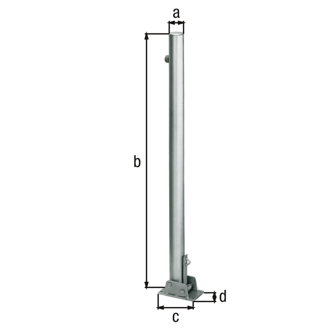 Bollard Locky, round, foldable, Material: raw steel, Surface: hot-dip galvanised passivated, for screwing on, Post dia.: 60 mm, Height above ground: 1000 mm, Plate length: 160 mm, Plate width: 100 mm Bollard Locky, round, foldable, Material: raw steel, Surface: hot-dip galvanised passivated, for screwing on, Post dia.: 60 mm, Height above ground: 1000 mm, Plate length: 160 mm, Plate width: 100 mm