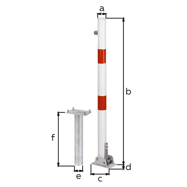 Bollard Locky-Bo, round, foldable, Material: raw steel, Surface: hot-dip galvanised passivated, for setting in concrete, Post dia.: 60 mm, Height above ground: 1000 mm, Plate length: 160 mm, Plate width: 100 mm, Ground sleeve dia.: 60 mm, Length of ground sleeve: 400 mm Bollard Locky-Bo, round, foldable, Material: raw steel, Surface: hot-dip galvanised passivated, for setting in concrete, Post dia.: 60 mm, Height above ground: 1000 mm, Plate length: 160 mm, Plate width: 100 mm, Ground sleeve dia.: 60 mm, Length of ground sleeve: 400 mm