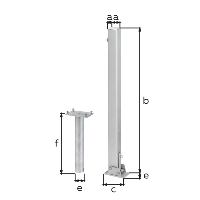 Absperrpfosten Locky-Bo, eckig, umlegbar, Material: Stahl roh, Oberfläche: feuerverzinkt passiviert, zum Einbetonieren, Pfosten: 70 x 70 mm, Höhe über Boden: 1000 mm, Plattenlänge: 160 mm, Plattenbreite: 100 mm, Bodenhülsen-Ø: 60 mm, Länge Bodenhülse: 400 mm