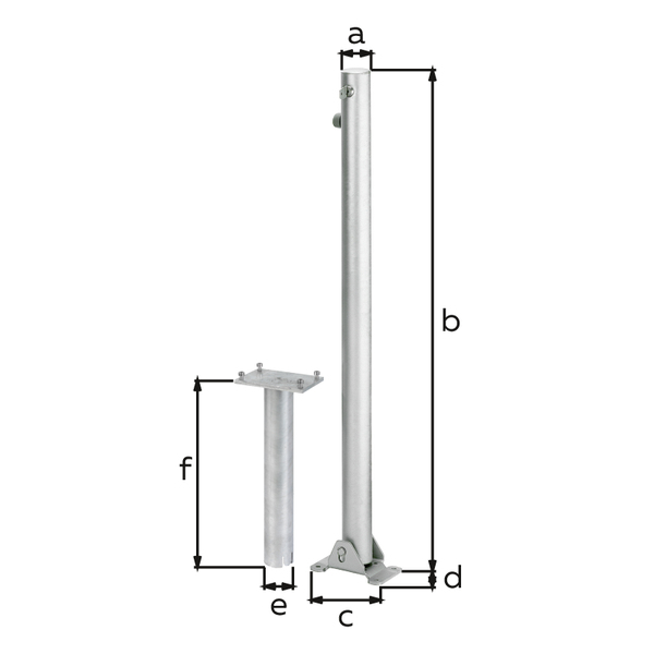 Bollard Klappy-Bo, round, foldable, Material: raw steel, Surface: hot-dip galvanised passivated, for setting in concrete, master keyed profile cylinder lock with three keys, Post dia.: 60 mm, Height above ground: 1000 mm, Plate length: 160 mm, Plate width: 100 mm, Ground sleeve dia.: 60 mm, Length of ground sleeve: 400 mm, No. of holes: 4, Hole: Ø9 mm Bollard Klappy-Bo, round, foldable, Material: raw steel, Surface: hot-dip galvanised passivated, for setting in concrete, master keyed profile cylinder lock with three keys, Post dia.: 60 mm, Height above ground: 1000 mm, Plate length: 160 mm, Plate width: 100 mm, Ground sleeve dia.: 60 mm, Length of ground sleeve: 400 mm, No. of holes: 4, Hole: Ø9 mm