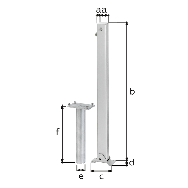 Bollard Klappy-Bo, angular, foldable, Material: raw steel, Surface: hot-dip galvanised passivated, for setting in concrete, master keyed profile cylinder lock with three keys, Post: 70 x 70 mm, Height above ground: 1000 mm, Plate length: 160 mm, Plate width: 100 mm, Ground sleeve dia.: 60 mm, Length of ground sleeve: 400 mm, No. of holes: 4, Hole: Ø9 mm Bollard Klappy-Bo, angular, foldable, Material: raw steel, Surface: hot-dip galvanised passivated, for setting in concrete, master keyed profile cylinder lock with three keys, Post: 70 x 70 mm, Height above ground: 1000 mm, Plate length: 160 mm, Plate width: 100 mm, Ground sleeve dia.: 60 mm, Length of ground sleeve: 400 mm, No. of holes: 4, Hole: Ø9 mm