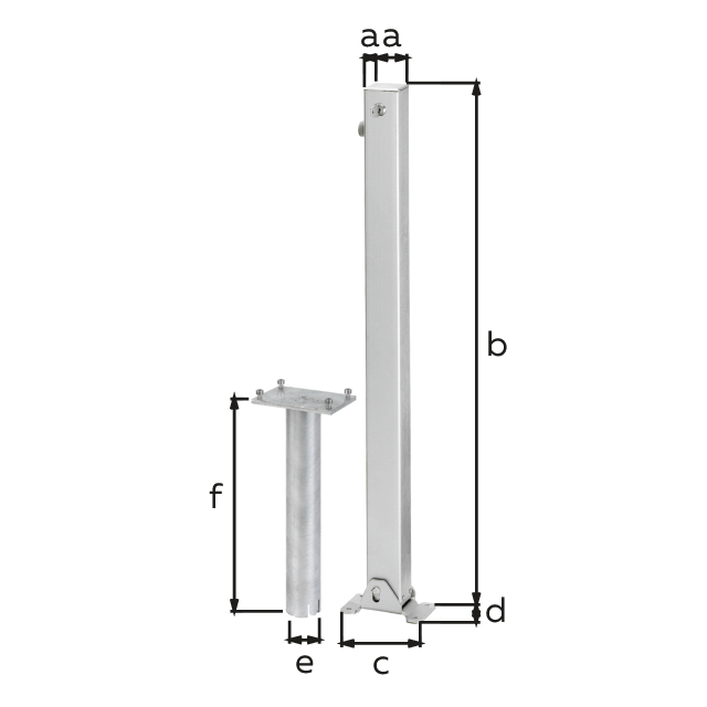 Bollard Klappy-Bo, angular, foldable, Material: raw steel, Surface: hot-dip galvanised passivated, for setting in concrete, master keyed profile cylinder lock with three keys, Post: 70 x 70 mm, Height above ground: 1000 mm, Plate length: 160 mm, Plate width: 100 mm, Ground sleeve dia.: 60 mm, Length of ground sleeve: 400 mm, No. of holes: 4, Hole: Ø9 mm Bollard Klappy-Bo, angular, foldable, Material: raw steel, Surface: hot-dip galvanised passivated, for setting in concrete, master keyed profile cylinder lock with three keys, Post: 70 x 70 mm, Height above ground: 1000 mm, Plate length: 160 mm, Plate width: 100 mm, Ground sleeve dia.: 60 mm, Length of ground sleeve: 400 mm, No. of holes: 4, Hole: Ø9 mm