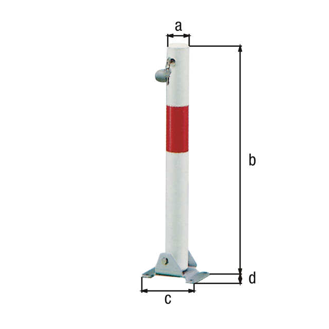 Bollard Little, round, foldable, Material: raw steel, Surface: hot-dip galvanised, white powder-coated with one red, reflecting ring, for screwing on, master keyed profile cylinder lock with three keys, Post dia.: 60 mm, Height above ground: 600 mm, Plate length: 160 mm, Plate width: 100 mm, No. of holes: 4, Hole: Ø9 mm Bollard Little, round, foldable, Material: raw steel, Surface: hot-dip galvanised, white powder-coated with one red, reflecting ring, for screwing on, master keyed profile cylinder lock with three keys, Post dia.: 60 mm, Height above ground: 600 mm, Plate length: 160 mm, Plate width: 100 mm, No. of holes: 4, Hole: Ø9 mm
