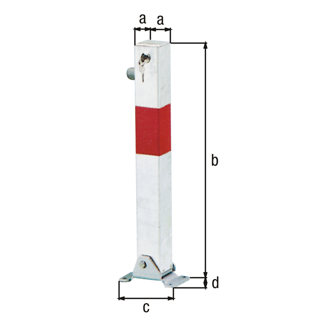 Bollard Little, square, foldable, Material: raw steel, Surface: hot-dip galvanised, white powder-coated with one red, reflecting ring, for screwing on, master keyed profile cylinder lock with three keys, Post: 70 x 70 mm, Height above ground: 600 mm, Plate length: 160 mm, Plate width: 100 mm, No. of holes: 4, Hole: Ø9 mm Bollard Little, square, foldable, Material: raw steel, Surface: hot-dip galvanised, white powder-coated with one red, reflecting ring, for screwing on, master keyed profile cylinder lock with three keys, Post: 70 x 70 mm, Height above ground: 600 mm, Plate length: 160 mm, Plate width: 100 mm, No. of holes: 4, Hole: Ø9 mm