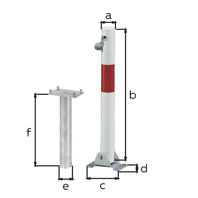 Bollard Little-Bo, round, foldable, Material: raw steel, Surface: hot-dip galvanised, white powder-coated with one red, reflecting ring, for setting in concrete, master keyed profile cylinder lock with three keys, Post dia.: 60 mm, Height above ground: 600 mm, Plate length: 160 mm, Plate width: 100 mm, Ground sleeve dia.: 60 mm, Length of ground sleeve: 400 mm, No. of holes: 4, Hole: Ø9 mm Bollard Little-Bo, round, foldable, Material: raw steel, Surface: hot-dip galvanised, white powder-coated with one red, reflecting ring, for setting in concrete, master keyed profile cylinder lock with three keys, Post dia.: 60 mm, Height above ground: 600 mm, Plate length: 160 mm, Plate width: 100 mm, Ground sleeve dia.: 60 mm, Length of ground sleeve: 400 mm, No. of holes: 4, Hole: Ø9 mm