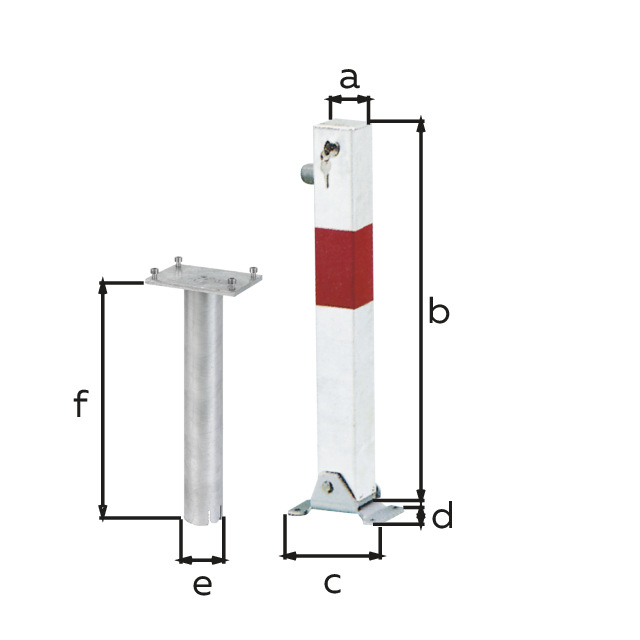 Bollard Little-Bo, angular, foldable, Material: raw steel, Surface: hot-dip galvanised, white powder-coated with one red, reflecting ring, for setting in concrete, master keyed profile cylinder lock with three keys, Post: 70 x 70 mm, Height above ground: 600 mm, Plate length: 160 mm, Plate width: 100 mm, Ground sleeve dia.: 60 mm, Length of ground sleeve: 400 mm, No. of holes: 4, Hole: Ø9 mm Bollard Little-Bo, angular, foldable, Material: raw steel, Surface: hot-dip galvanised, white powder-coated with one red, reflecting ring, for setting in concrete, master keyed profile cylinder lock with three keys, Post: 70 x 70 mm, Height above ground: 600 mm, Plate length: 160 mm, Plate width: 100 mm, Ground sleeve dia.: 60 mm, Length of ground sleeve: 400 mm, No. of holes: 4, Hole: Ø9 mm
