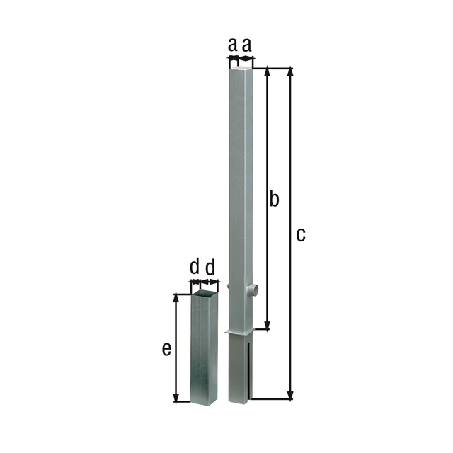 Bollard Passau, angular, removable, Material: raw steel, Surface: hot-dip galvanised passivated, for setting in concrete, triangle lock without triangular key, Post: 70 x 70 mm, Height above ground: 1000 mm, Total length of post: 1200 mm, Ground sleeve: 80 x 80 mm, Length of ground sleeve: 400 mm