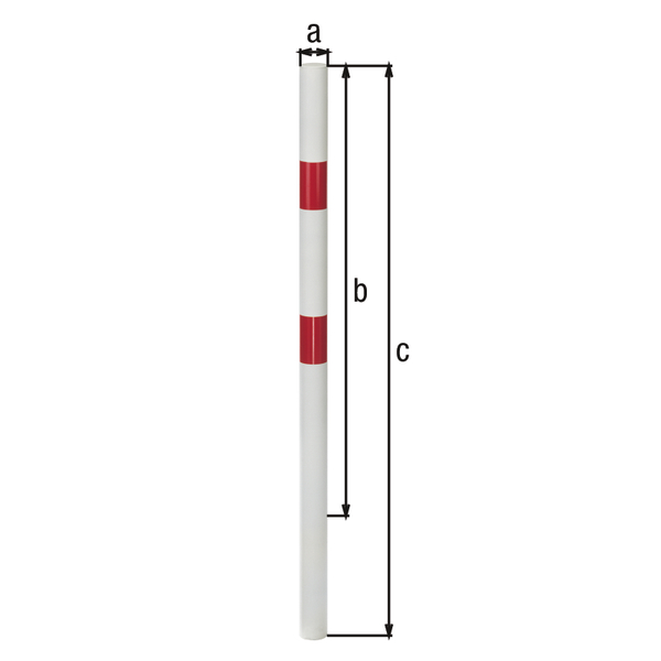 Absperrpfosten Standard SK, rund, Material: Stahl roh, Oberfläche: feuerverzinkt, weiß kunststoffbeschichtet mit zwei roten, reflektierenden Ringen, zum Einbetonieren, Pfosten-Ø: 76 mm, Höhe über Boden: 1000 mm, Gesamtlänge Pfosten: 1500 mm