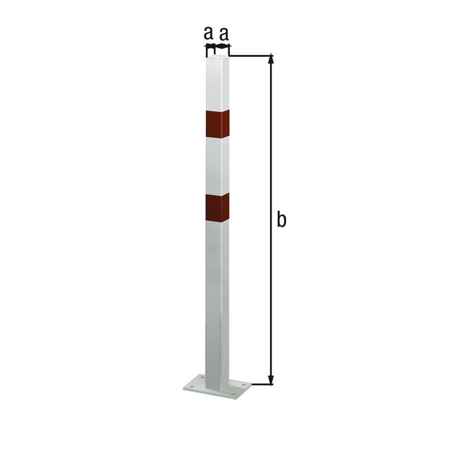 Absperrpfosten Standard SK, eckig, Material: Stahl roh, Oberfläche: feuerverzinkt, weiß kunststoffbeschichtet mit zwei roten, reflektierenden Ringen, zum Aufschrauben, Pfosten: 70 x 70 mm, Höhe über Boden: 1000 mm, Platte: 120 x 120 mm, Anzahl Löcher: 4, Loch: Ø13 mm Absperrpfosten Standard SK, eckig, Material: Stahl roh, Oberfläche: feuerverzinkt, weiß kunststoffbeschichtet mit zwei roten, reflektierenden Ringen, zum Aufschrauben, Pfosten: 70 x 70 mm, Höhe über Boden: 1000 mm, Platte: 120 x 120 mm, Anzahl Löcher: 4, Loch: Ø13 mm