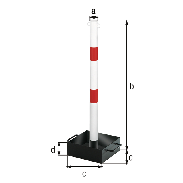 Post for barrier chain Outside, Material: raw steel, Surface: white powder-coated with two red, reflecting rings, transportable, Post dia.: 60 mm, Height above ground: 1000 mm, Foot base width: 300 x 300 mm, Foot base height: 100 mm Post for barrier chain Outside, Material: raw steel, Surface: white powder-coated with two red, reflecting rings, transportable, Post dia.: 60 mm, Height above ground: 1000 mm, Foot base width: 300 x 300 mm, Foot base height: 100 mm