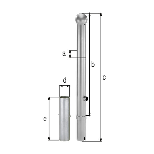 Absperrpoller Rustikal, Material: Stahl roh, Oberfläche: feuerverzinkt passiviert, zum Einbetonieren, herausnehmbar, Pfosten-Ø: 89 mm, Höhe über Boden: 1000 mm, Gesamtlänge Pfosten: 1200 mm, Bodenhülsen-Ø: 101 mm, Länge Bodenhülse: 400 mm Absperrpoller Rustikal, Material: Stahl roh, Oberfläche: feuerverzinkt passiviert, zum Einbetonieren, herausnehmbar, Pfosten-Ø: 89 mm, Höhe über Boden: 1000 mm, Gesamtlänge Pfosten: 1200 mm, Bodenhülsen-Ø: 101 mm, Länge Bodenhülse: 400 mm