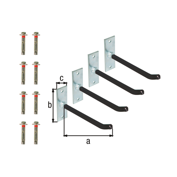 Rim holder set, Material: raw steel, Surface: galvanised, with PVC cover, Contents per PU: 4 Set, Depth: 200 mm, Plate length: 120 mm, Plate width: 40 mm, Plate thickness: 5 mm Rim holder set, Material: raw steel, Surface: galvanised, with PVC cover, Contents per PU: 4 Set, Depth: 200 mm, Plate length: 120 mm, Plate width: 40 mm, Plate thickness: 5 mm