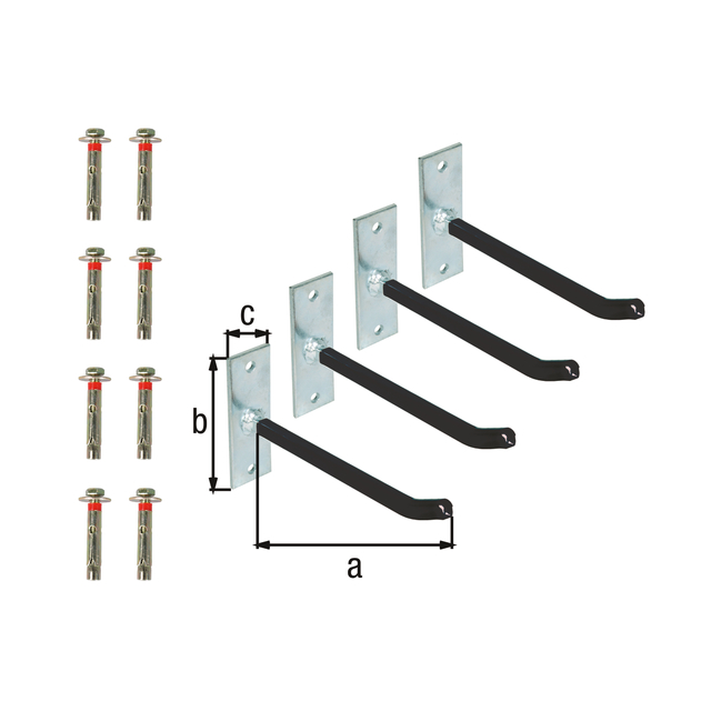Felgenhalter-Set, Material: Stahl roh, Oberfläche: galvanisch verzinkt, Überzug aus PVC-Schlauch, Inhalt pro PE: 4 Set, Tiefe: 200 mm, Plattenlänge: 120 mm, Plattenbreite: 40 mm, Plattenstärke: 5 mm Felgenhalter-Set, Material: Stahl roh, Oberfläche: galvanisch verzinkt, Überzug aus PVC-Schlauch, Inhalt pro PE: 4 Set, Tiefe: 200 mm, Plattenlänge: 120 mm, Plattenbreite: 40 mm, Plattenstärke: 5 mm