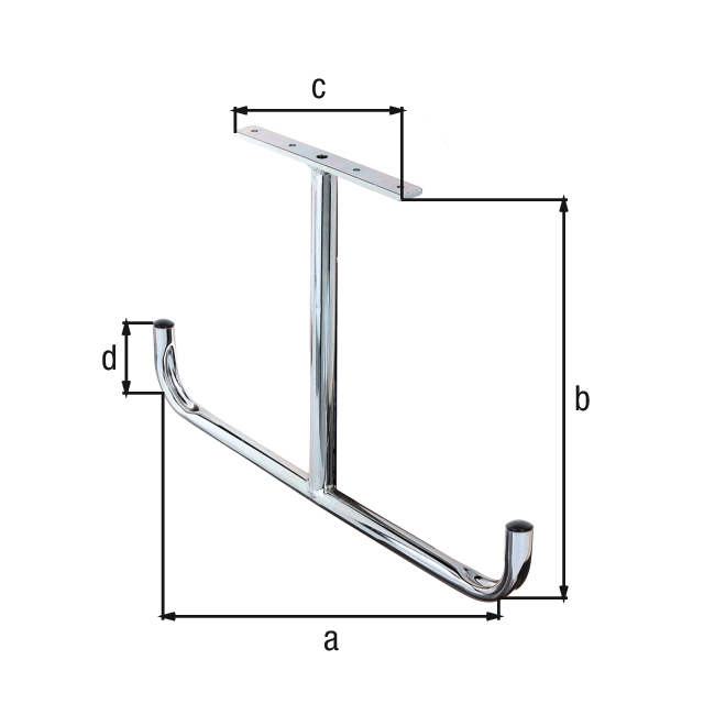 Ceiling hook, T shape, angled, Material: raw steel, Surface: blue galvanised, Total width: 430 mm, Total height: 295 mm, Width of screw-on plate: 180 mm, Height of hook: 95 mm, Max. load capacity: 20 kg, Plate: 20 x 5 mm, Tube Ø: 18 mm Ceiling hook, T shape, angled, Material: raw steel, Surface: blue galvanised, Total width: 430 mm, Total height: 295 mm, Width of screw-on plate: 180 mm, Height of hook: 95 mm, Max. load capacity: 20 kg, Plate: 20 x 5 mm, Tube Ø: 18 mm